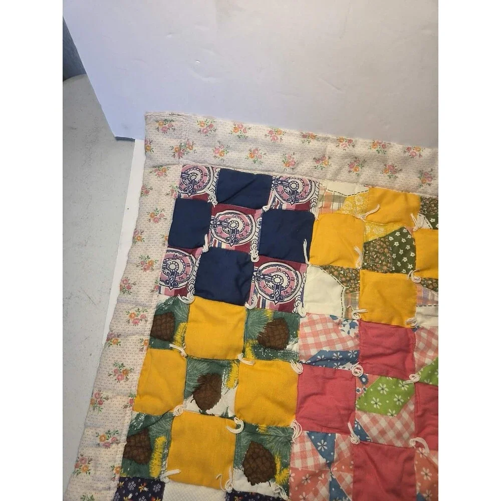 Vintage 1970’s handmade Patchwork quilt-Mod fabric squares Disney-White Backing